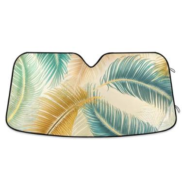 Imagem de Toldo de sol personalizado com folhas de palmeira verde amarelo para para-brisa de carro engraçado retrátil dobrável para-brisa frontal impressão animal automotivo P, 134,6 cm x 59,7 cm