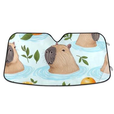 Imagem de Capivaras fofas personalizadas natação carro para-sol para-brisa caminhão dobrável engraçado pára-brisa automotivo pára-brisas proteção M, 139.7 cm x 70.1 cm