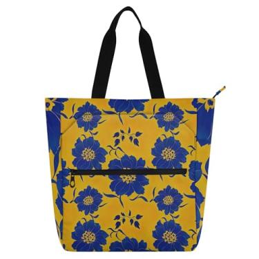 Imagem de GAIGEO Sacolas femininas elegantes com flores azuis amarelas para trabalho, lona, escola, bolsa de livro, presente para crianças fofas para amantes de livros