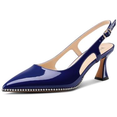 Imagem de TNYNFBEB Sapato feminino de salto gatinho bico fino com contas de prata e fivela sem cadarço vestido de formatura básico clássico couro envernizado verão salto de 6 cm, Azul marinho, 37