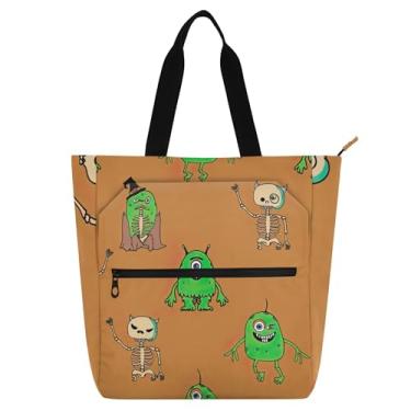 Imagem de GAIGEO Bolsas de trabalho femininas de esqueleto de monstro verde de Halloween, bolsa de lona universitária, bolsas para professores, amantes de livros
