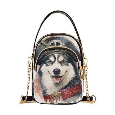 Imagem de Bolsa tiracolo feminina aquarela de abóboras e folhas, pequena tiracolo com corrente dourada, bolsas transversais elegantes, Husky With a Pirate Hat-7, One Size