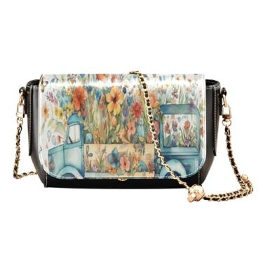 Imagem de GAIGEO Libélula em guirlanda turquesa em bolsa transversal preta com bolso, bolsas tiracolo femininas de couro, Butterflies Flowers Teal Spring Truck, One Size