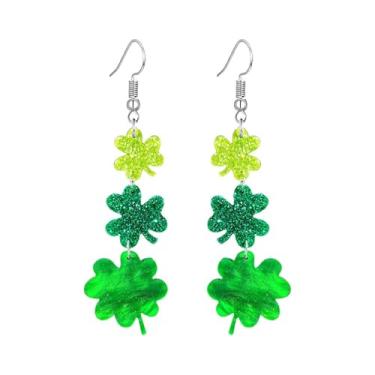 Imagem de Dreuyet Brincos femininos de Dia de São Patrício, fofo, engraçado, acrílico, trevo irlandês, com pingente de trevo verde, chapéu de ferradura, brincos de gota de boa sorte, dia de São Patrício
