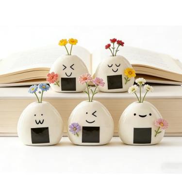 Imagem de Mini vaso de flores de cerâmica, vasos de bola de arroz onigiri japoneses feitos à mão para flores secas, lindos vasos de botão emoji para decoração de mesa de quarto, decoração exclusiva de