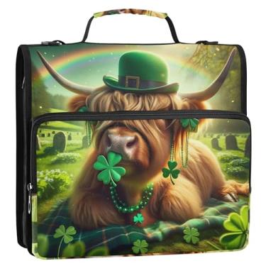 Imagem de Organizador de fichário com zíper Highland Cow St Patrick 3,8 cm, 3 anéis, anel D, rosa para fichários escolares com alça de ombro, estojo de armazenamento com alça de ombro e alça