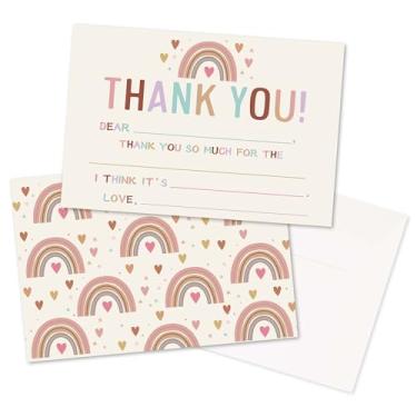 Imagem de Chuxvon Kids Thank You Cards Fill in the Blank, Boho Rainbow Thank You Notes For Boys Girls, Cartão de felicitações arco-íris, lembrancinhas de decoração de festa de aniversário (20 cartões com 20