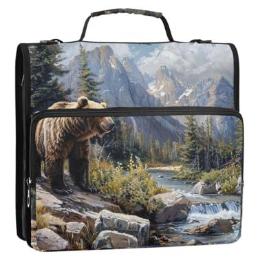 Imagem de Fichário organizador de fichário com zíper resistente com paisagem de montanhas de urso pardo 3 polegadas com alça de ombro para portfólio escolar com suporte de 500 folhas