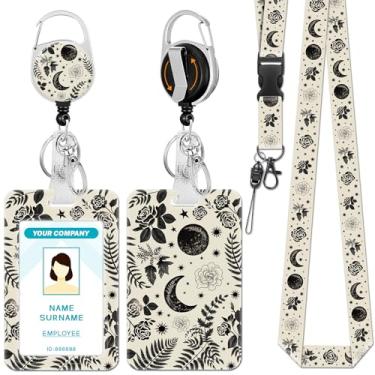 Imagem de Hancynir Cordões florais de lua gótica para crachás de identificação, suporte de crachá de flor gótica com clipe retrátil, etiquetas de nome de trabalho, chaveiro com suporte de identidade, protetor