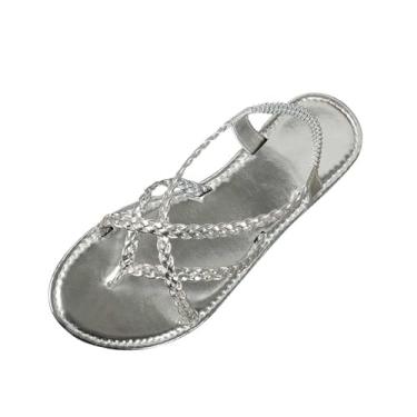 Imagem de Sandálias rasteiras femininas casuais romanas com peep toe e alças ajustáveis, para primavera e verão, Prata, 35