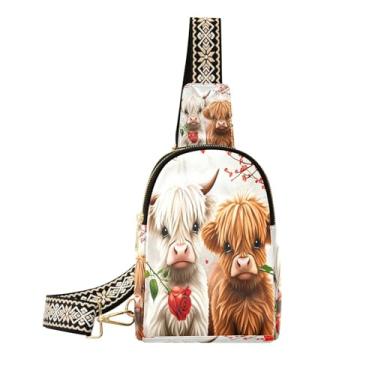 Imagem de CEBUGI Highland Cow pequena bolsa tiracolo feminina de couro, pochete tiracolo para trilhas, viagens ao ar livre