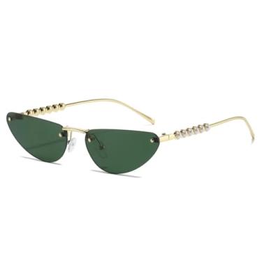 Imagem de HPIRME Óculos de luxo sem armação com lentes degradê, estilo retrô, para mulheres, com decoração de pérolas e proteção UV400 (verde dourado).