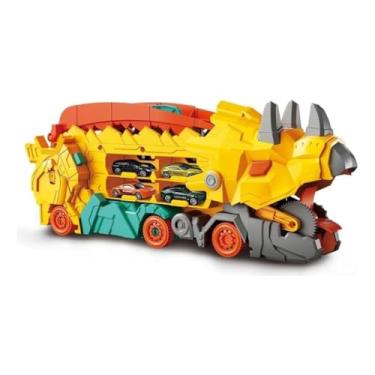 Imagem de Caminhão Dinossauro Cegonha 3 em 1, Transportador de Carrinhos com Dupla Pista e Lançador, Capacidade para até 10 Carros, Amarelo e/ou Azul, 43x17x14cm, Material Forte e Resistente