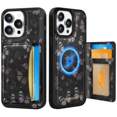 Imagem de Uppuppy Capa para iPhone 13 Pro Max com carteira - Compatível com MagSafe Women Girls Cute Aesthetic Unique Design Suporte de cartão de crédito de couro para Apple 13 Promax, borboleta preta