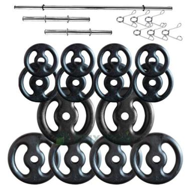 Imagem de Kit com 60 Kg de Anilhas Ferro Fundido + Barras de Supino e Halteres -