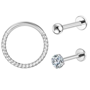 Imagem de LOMISS 3 Peças BRINCO TITÂNIO PIERCING ARGOLA TITÂNIO PVD TORCIDA PIERCING HELIX CONCH (PRATA)