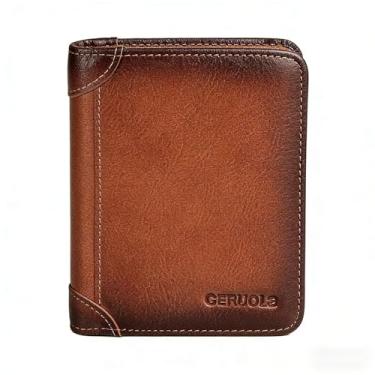 Imagem de Carteira masculina de couro de flor integral de 2 dobras com bloqueio RFID — vários compartimentos para cartão e carteira de motorista para transporte diário, Marrom, Elegante