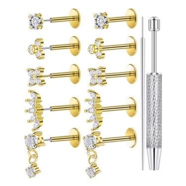 Imagem de Lcolyoli Brincos de aço cirúrgico banhados a ouro 18 K com zircônia cúbica 18 G 20 g Tragus Helix Conch Piercing Joia Taper Ball Grabber Tool para facilitar a troca de joias, Metal, Zircônia cúbica