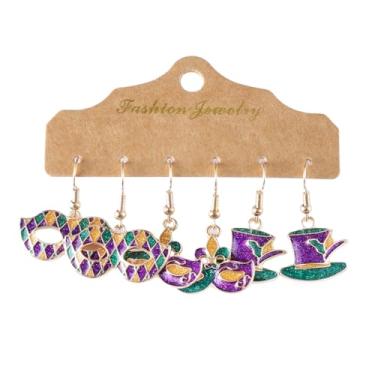 Imagem de 5 peças de brincos de carnaval para mulheres, brincos pendentes de carnaval, roxo, verde e dourado, acessórios, joias, presentes, Medium, Liga de aço, Zircônia cúbica