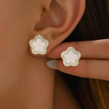 Imagem de 1 par de brincos de zircônio incrustados com flores de cinco pétalas, joias modernas, brincos femininos encantadores, presentes de Natal finos, white, Cobre, Sem pedra preciosa