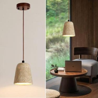 Imagem de Luminária pendente de pedra de 4,3 polegadas em mármore travertino amarelo natural Wabi-sabi, ideal para ilha de cozinha, lustre rústico de madeira para sala de jantar, quarto, cabeceira, co