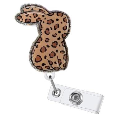 Imagem de Carretel retrátil para crachá de coelho com estampa de leopardo, suporte de crachá de trabalho de enfermeira com clipe jacaré, etiqueta de nome, prendedor de crachá, presente fofo para trabalhador