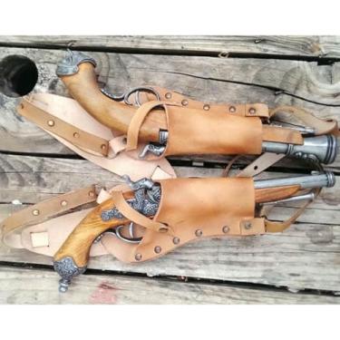 Imagem de Retro cosplay pirata couro duplo pederneira arma coldre de ombro steampunk universal ajustável suporte de pistola