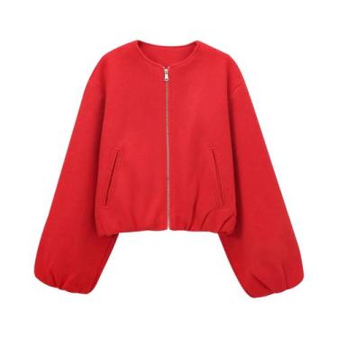 Imagem de Jaqueta Bomber Feminina Preta Cropped Com Zíper, Casaco De Inverno Est