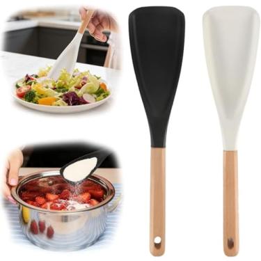 Imagem de Colher de cozinha e servir de cabeça longa de silicone preto com alças de madeira: design multifuncional, espátula arredondada de silicone para misturar, colher e raspar, ótima para fritar
