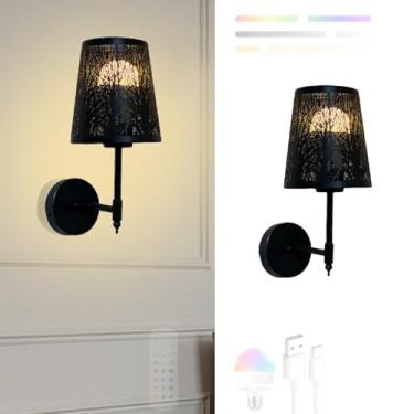 Imagem de GZZBMY Lâmpada de parede com bateria LED com lâmpadas reguláveis RGB iluminação de parede sem fio com controle remoto preto metal arandelas para sala de estar quarto escada corredor (preto, 1 peça)
