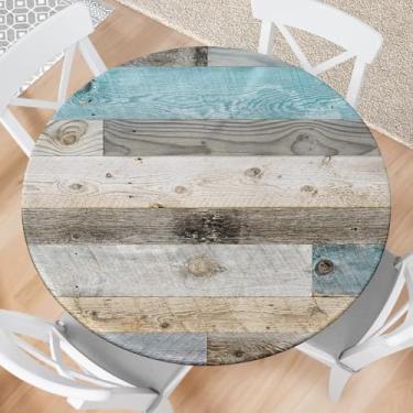 Imagem de Eiuflka Farmhouse Toalha de mesa redonda ajustada com borda elástica textura de madeira toalha de mesa à prova d'água para decoração de cozinha, piquenique, festa, serve para mesas redondas de 142 a