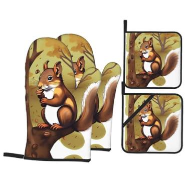 Imagem de Conjunto de luvas de forno estampadas com esquilo comedor de nozes, conjunto de 4 peças adequado para grelhar, cozinhar e assar