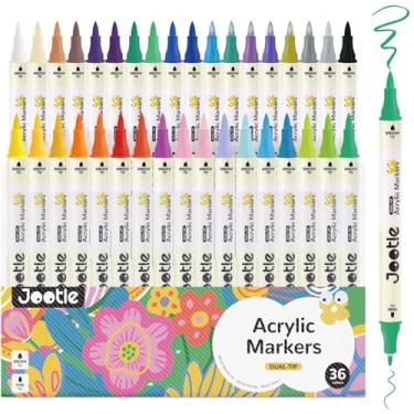 Imagem de Jootle Marcadores de tinta acrílica de ponta dupla de 36 cores, inclui 6 marcadores acrílicos metálicos, canetas de tinta acrílica permanente com ponta fina e ponta de pincel para pintura em rocha