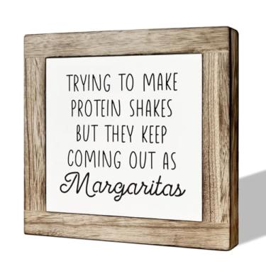 Imagem de Decoração de cozinha, sinais de caixa de madeira para decoração de casa, decoração engraçada de bar de cozinha, decoração de placa de bloco de madeira de cozinha fofa, tentando fazer shakes de