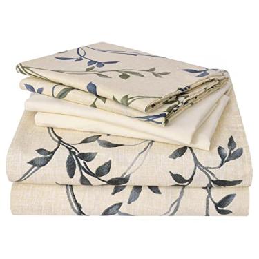 Imagem de JSD Jogo de lençol King com estampa de folhas bege 6 peças, lençol de microfibra macio e botânico, bolso extra profundo