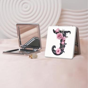 Imagem de Espelho de maquiagem portátil de couro PU retrô europeu com letras florais, mini espelho dobrável de mão dupla face, quadrado para retoque, presente ideal para todas as ocasiões