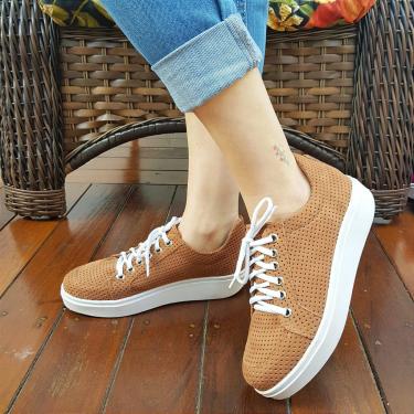 Imagem de Tênis Feminino Modinha Tendência Nobuck Caramelo Furinhos