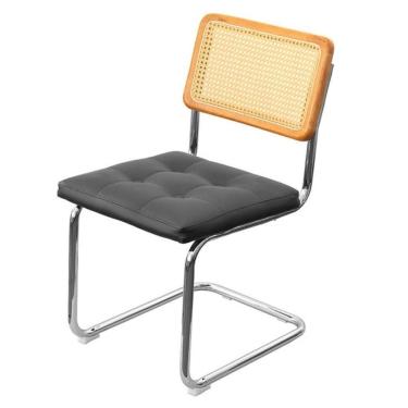 Imagem de Cadeira Cesca Encosto Madeira Clara E Palha Natural Assento Poliuretano (pu) Preto Base Aço Cromado