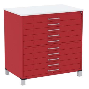 Imagem de Mapoteca 10 Gavetas Pandin 120 Cm (larg) Inmetro Tampo Mdp Branco Estrutura E Gaveta Em Aço Vermelho