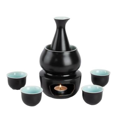 Imagem de Conjunto de 7 peças de saquê de cerâmica com aquecedor - Conjunto de aquecedor de saquê quente de porcelana estilo japonês (1 fogão, 1 tigela de aquecimento, 1 garrafa de saquê, 4 xícaras de saquê)