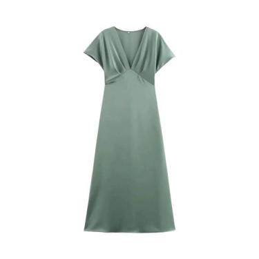 Imagem de Vestido Longo De Cetim Com Decote Em V Sexy Para Mulheres, Manga Curta