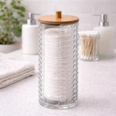 Imagem de Porta Algodão Disco 19cm Tampa Bambu Organizador Higiene Acrílico Tran