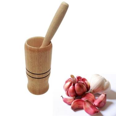 Imagem de Pilão com Socador para Alho Madeira - Conjunto Pilao 12x7cm com Bastão