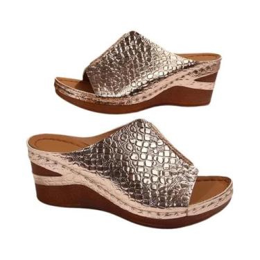 Imagem de Sandálias De Plataforma Com Padrão De Cobra Dourada Para Mulheres, Lev