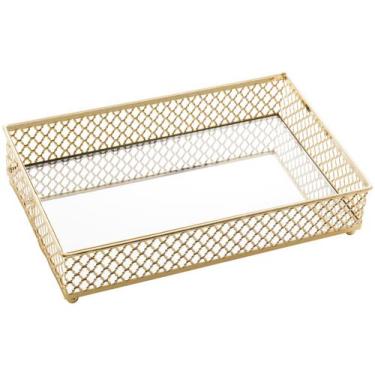 Imagem de Bandeja Retângular Dourada em Metal C/Espelho 21x13x5cm Lyor, Dourado