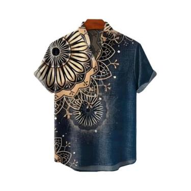 Imagem de Camisa Havaiana Masculina Com Estampa Étnica, Manga Curta, Casual, Est