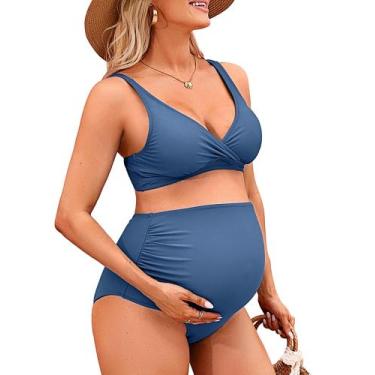 Imagem de Maiô de maternidade Charmo, duas peças, cintura alta, decote em V, azu