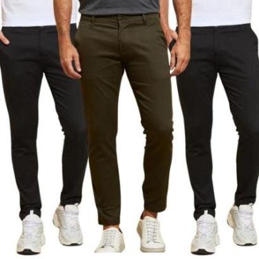 Imagem de Kit 3 Calças de Sarja Chino Com Bolso Traseiro Embutido Alfaiataria-Masculino
