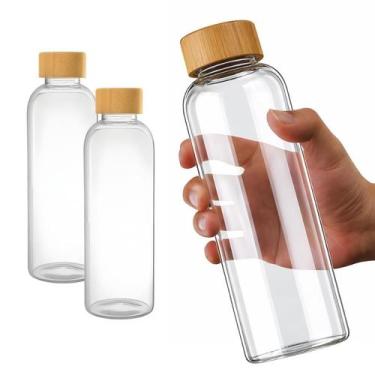 Imagem de Kit 2 Garrafa Squeeze De Vidro Água Chá Suco 750ml Tampa Bambu - CLICK