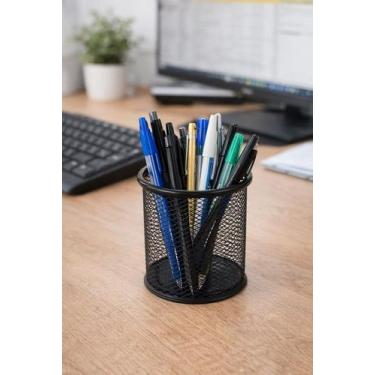 Imagem de Porta Canetas Aramado Redondo Preto Organizador Mesa Escritório Aço - 